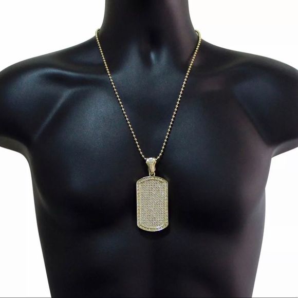 14K Large Iced Out Dog Tag Pendant On 24" Chain - Picture 1 of 2